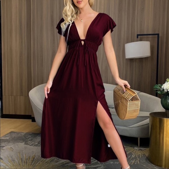 Boho v  neck plunging neckline midi dress burgundy - Picture 12 of 13